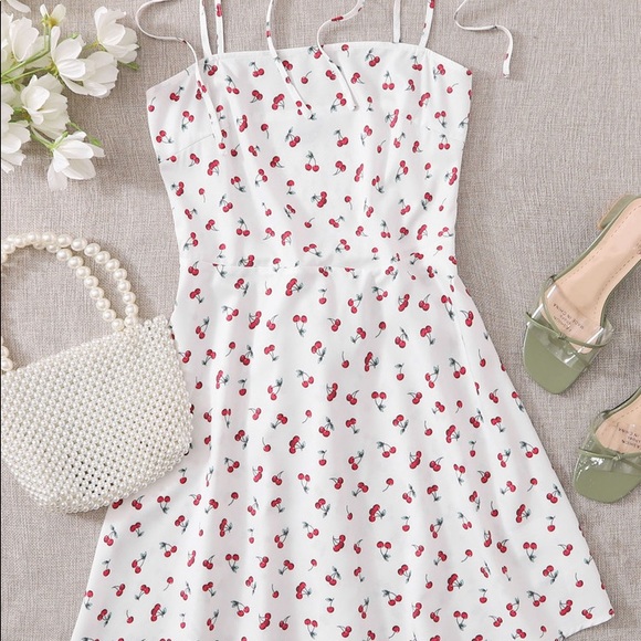 BOGO Cherry 🍒 Print Mini Adjustable Knot Strap Shein Dress EUC - Picture 3 of 12